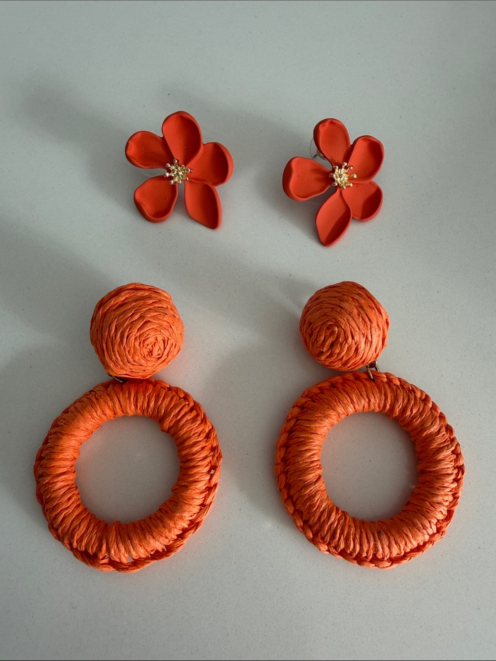 Orange Woven Hoop Drop and Flower Set of Earrings - Women Jewelry
